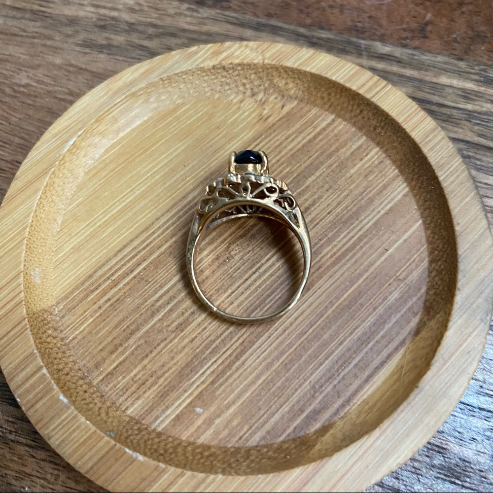 14k Yellow Gold Plated Blue & Clear Stone Flower Ring - Picture 7 of 15